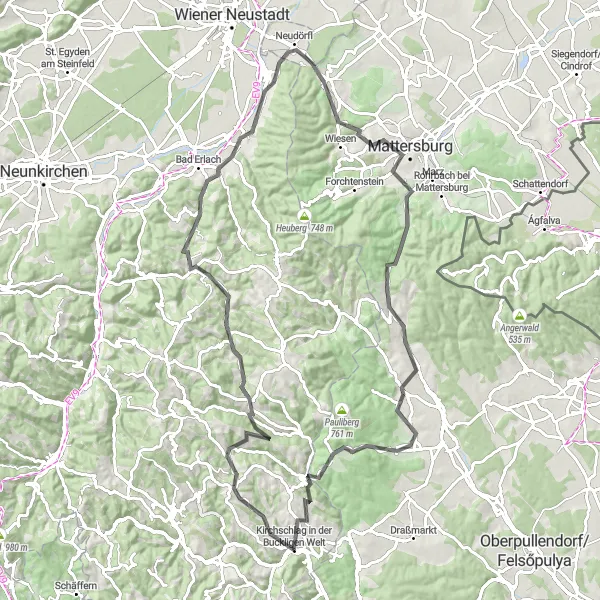 Miniatua del mapa de inspiración ciclista "Ruta de ciclismo de carretera desafiante cerca de Kirchschlag" en Niederösterreich, Austria. Generado por Tarmacs.app planificador de rutas ciclistas