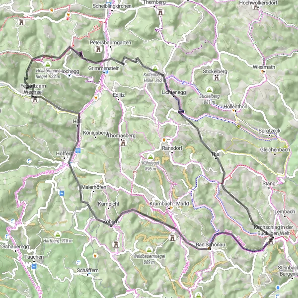 Miniatura della mappa di ispirazione al ciclismo "Giro in bicicletta attraverso le colline della Bucklige Welt" nella regione di Niederösterreich, Austria. Generata da Tarmacs.app, pianificatore di rotte ciclistiche