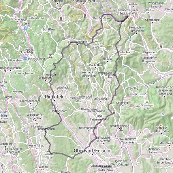 Mapa miniatúra "Krátky cyklistický výlet z Kirchschlagu" cyklistická inšpirácia v Niederösterreich, Austria. Vygenerované cyklistickým plánovačom trás Tarmacs.app