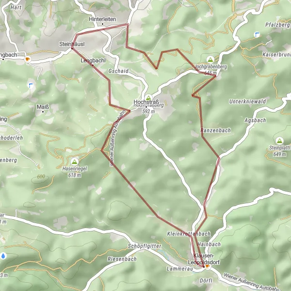 Miniatua del mapa de inspiración ciclista "Aventura en Grava alrededor de Klausen-Leopoldsdorf" en Niederösterreich, Austria. Generado por Tarmacs.app planificador de rutas ciclistas