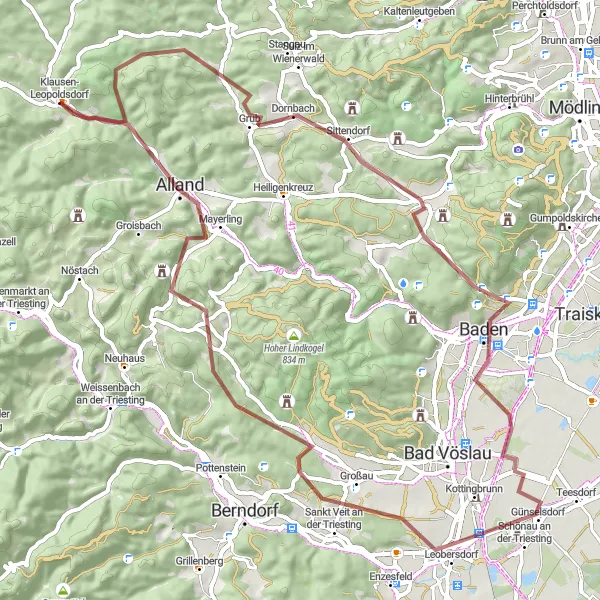 Miniaturekort af cykelinspirationen "Eventyrlig gravelrute gennem det østrigske landskab" i Niederösterreich, Austria. Genereret af Tarmacs.app cykelruteplanlægger