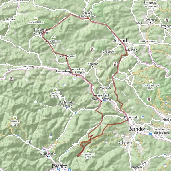 Miniature de la carte de l'inspiration cycliste "Aventure gravel dans les collines de la Triesting" dans la Niederösterreich, Austria. Générée par le planificateur d'itinéraire cycliste Tarmacs.app