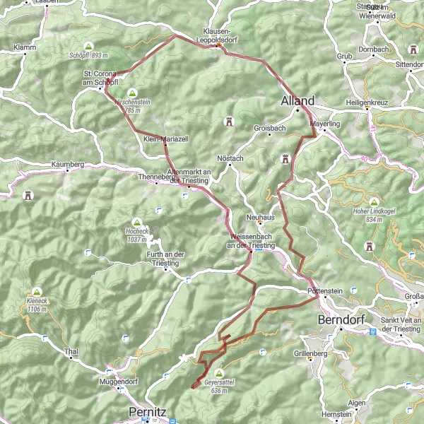 Miniaturekort af cykelinspirationen "Spændende Grusvej Rundtur" i Niederösterreich, Austria. Genereret af Tarmacs.app cykelruteplanlægger