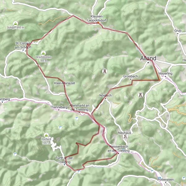 Miniatua del mapa de inspiración ciclista "Aventura Gravemente desafiante cerca de Klausen-Leopoldsdorf" en Niederösterreich, Austria. Generado por Tarmacs.app planificador de rutas ciclistas