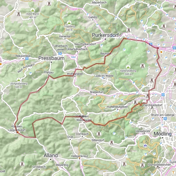 Miniatura della mappa di ispirazione al ciclismo "Tour in bicicletta gravel da Klausen-Leopoldsdorf" nella regione di Niederösterreich, Austria. Generata da Tarmacs.app, pianificatore di rotte ciclistiche