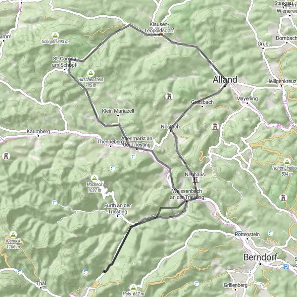 Miniatua del mapa de inspiración ciclista "Aventura en las Colinas de Triesting" en Niederösterreich, Austria. Generado por Tarmacs.app planificador de rutas ciclistas