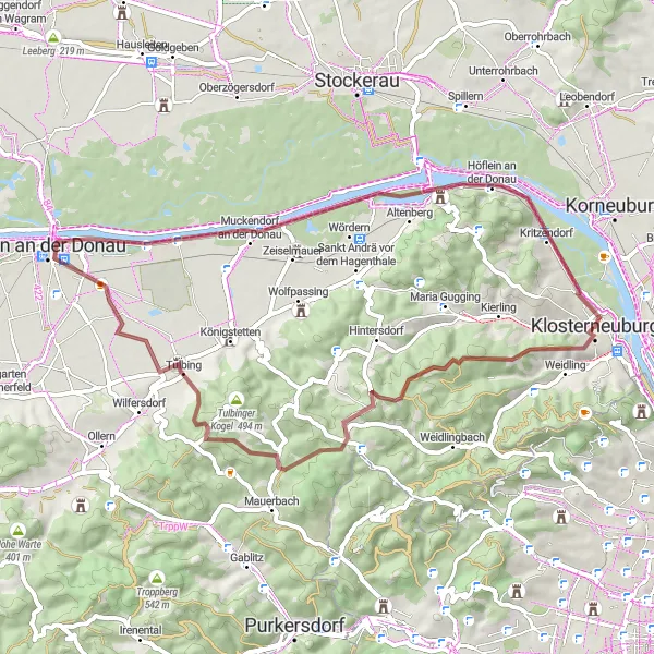 Miniaturní mapa "Gravelová trasa plná překvapení blízko Klosterneuburgu" inspirace pro cyklisty v oblasti Niederösterreich, Austria. Vytvořeno pomocí plánovače tras Tarmacs.app
