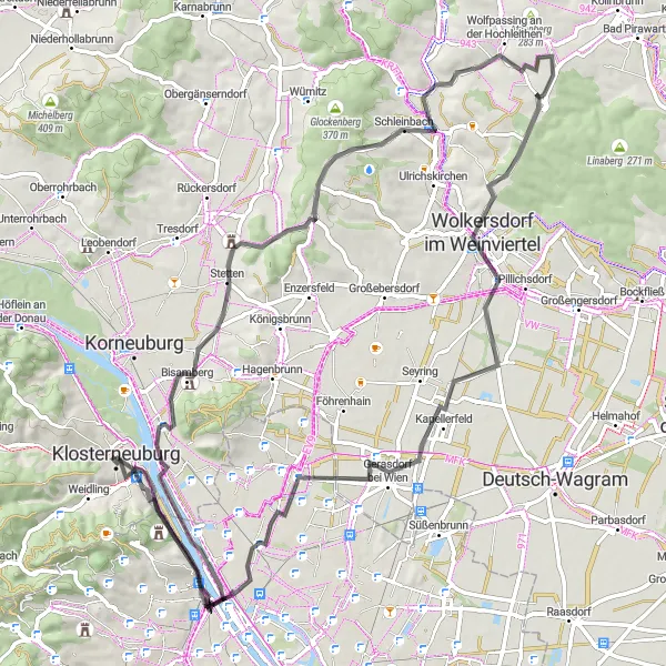 Map miniature of "Road Cycling Adventure: Klosterneuburg's Scenic Delights" cycling inspiration in Niederösterreich, Austria. Generated by Tarmacs.app cycling route planner