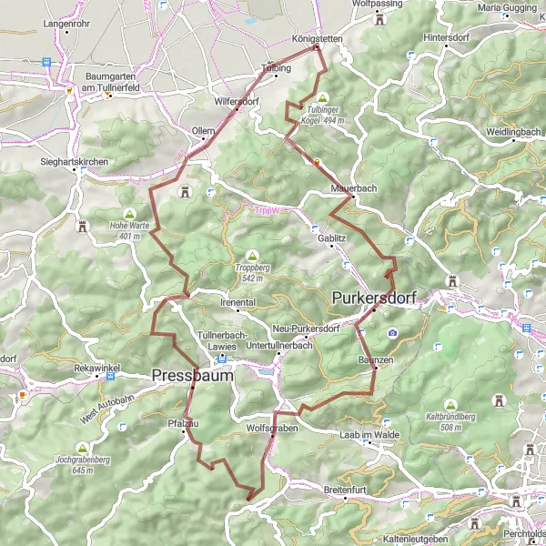 Kartminiatyr av "Grustur til Tulbinger Kogel og Pressbaum" sykkelinspirasjon i Niederösterreich, Austria. Generert av Tarmacs.app sykkelrutoplanlegger