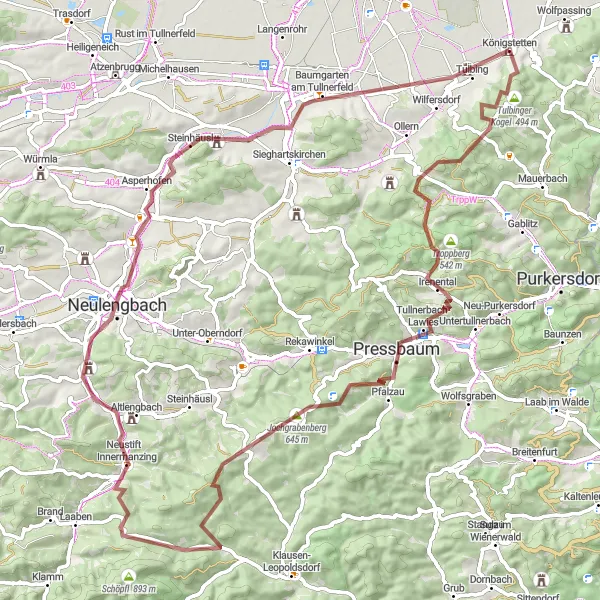 Miniatuurkaart van de fietsinspiratie "Gravelfietsen door Klosterruine en Manzing" in Niederösterreich, Austria. Gemaakt door de Tarmacs.app fietsrouteplanner