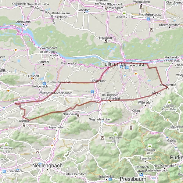 Map miniature of "Nature Escape from Königstetten" cycling inspiration in Niederösterreich, Austria. Generated by Tarmacs.app cycling route planner