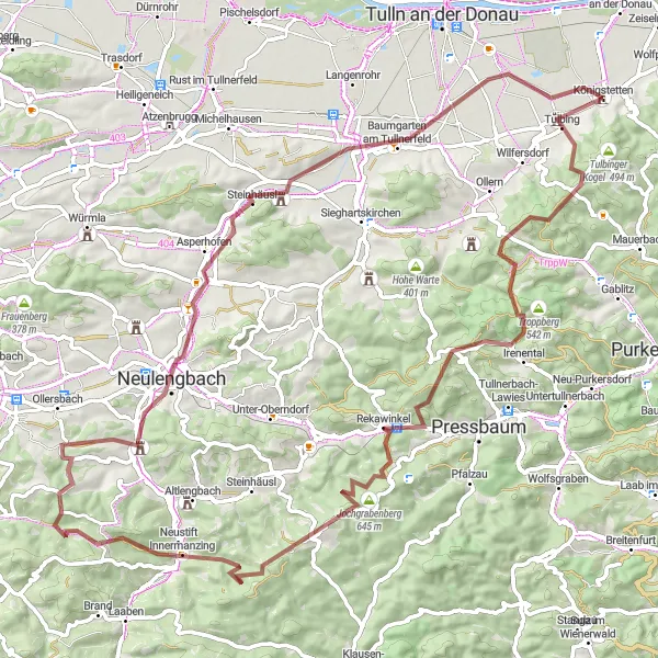 Miniatuurkaart van de fietsinspiratie "Gravelroute door Königstetten en omgeving" in Niederösterreich, Austria. Gemaakt door de Tarmacs.app fietsrouteplanner