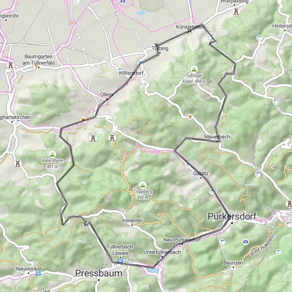 Map miniature of "Road Cycling Beauty near Königstetten" cycling inspiration in Niederösterreich, Austria. Generated by Tarmacs.app cycling route planner