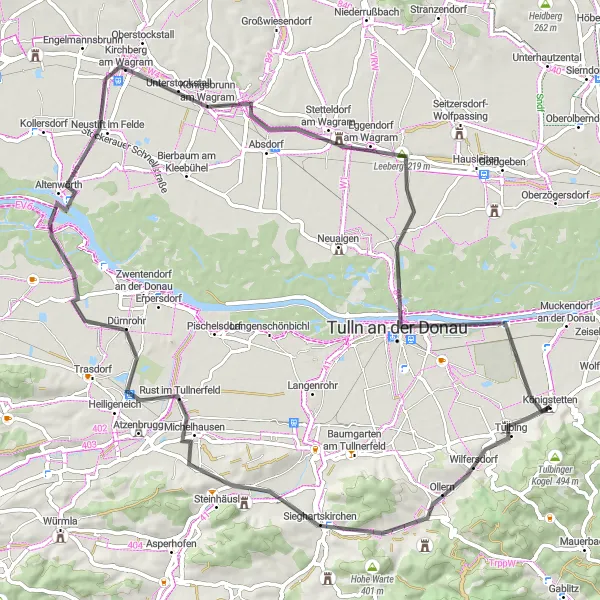 Miniatua del mapa de inspiración ciclista "Ruta Escénica por Valles y Pueblos" en Niederösterreich, Austria. Generado por Tarmacs.app planificador de rutas ciclistas