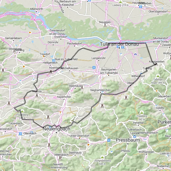 Kartminiatyr av "Tulbing til Langenlebarn Road Loop" sykkelinspirasjon i Niederösterreich, Austria. Generert av Tarmacs.app sykkelrutoplanlegger