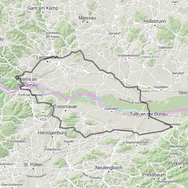 Map miniature of "Königstetten - Donauwarte Road Challenge" cycling inspiration in Niederösterreich, Austria. Generated by Tarmacs.app cycling route planner