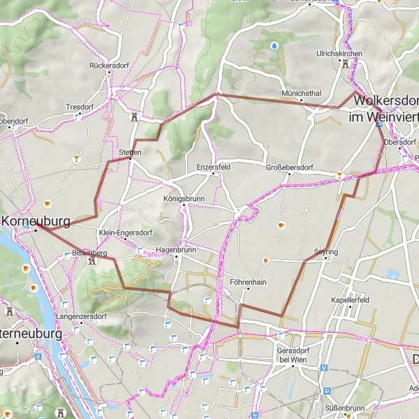 Karttaminiaatyyri "Korneuburg - Gravelinen kautta Seebarnin linnaan" pyöräilyinspiraatiosta alueella Niederösterreich, Austria. Luotu Tarmacs.app pyöräilyreittisuunnittelijalla