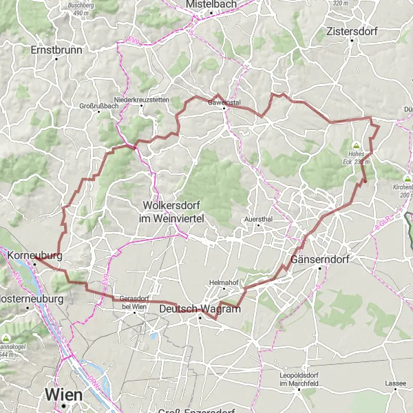Miniature de la carte de l'inspiration cycliste "Aventure dans la campagne de Velm-Götzendorf" dans la Niederösterreich, Austria. Générée par le planificateur d'itinéraire cycliste Tarmacs.app
