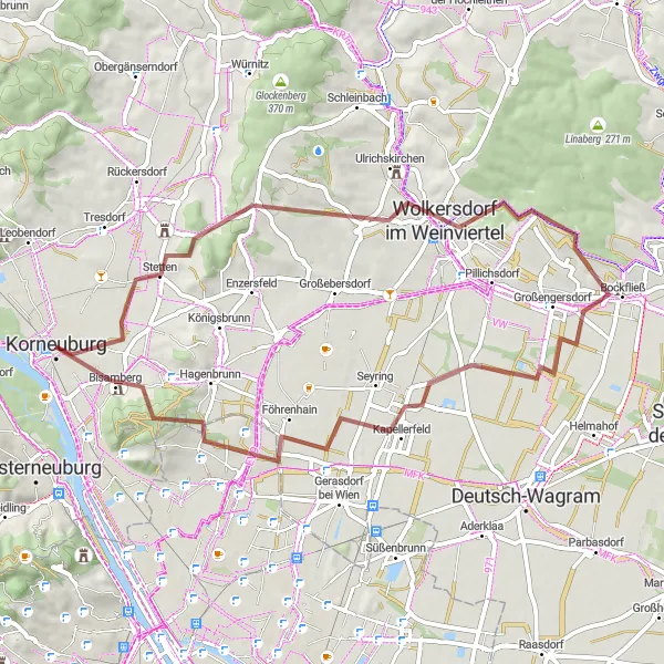 Miniatua del mapa de inspiración ciclista "Ruta de Ciclismo de Grava por los Alrededores Naturales de Korneuburg" en Niederösterreich, Austria. Generado por Tarmacs.app planificador de rutas ciclistas