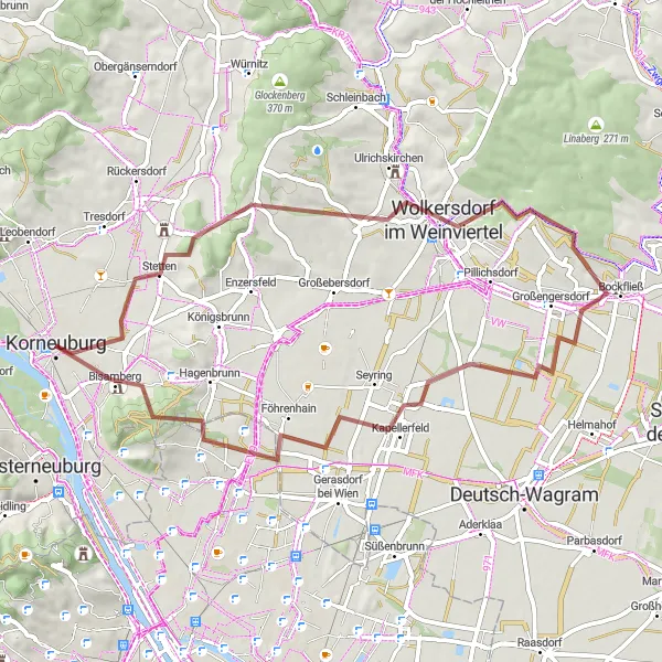 Map miniature of "Stetten Gravel Adventure" cycling inspiration in Niederösterreich, Austria. Generated by Tarmacs.app cycling route planner