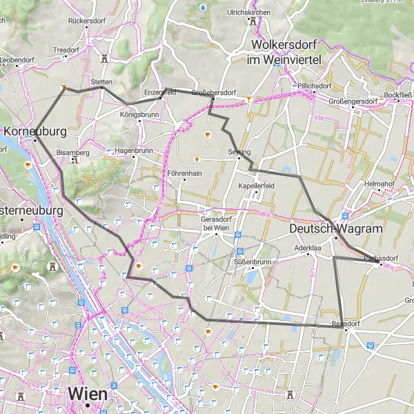 Miniatura della mappa di ispirazione al ciclismo "Corsa in bicicletta attraverso il Raasdorf e il Teiritzberg" nella regione di Niederösterreich, Austria. Generata da Tarmacs.app, pianificatore di rotte ciclistiche