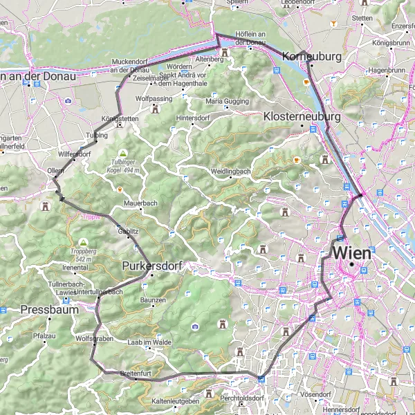 Miniatua del mapa de inspiración ciclista "Ruta de Ciclismo de Carretera a través de Korneuburg" en Niederösterreich, Austria. Generado por Tarmacs.app planificador de rutas ciclistas