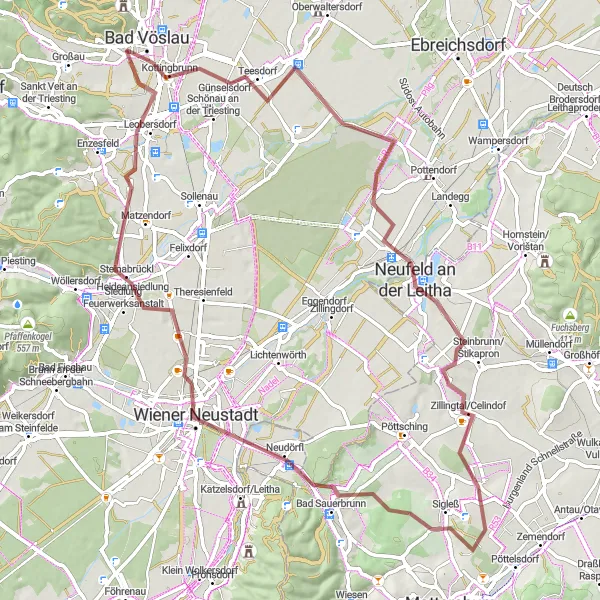 Miniature de la carte de l'inspiration cycliste "Vignobles et pistes forestières" dans la Niederösterreich, Austria. Générée par le planificateur d'itinéraire cycliste Tarmacs.app