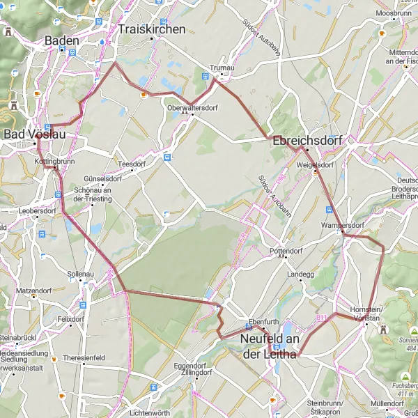Miniatua del mapa de inspiración ciclista "Ruta de grava por Kottingbrunn y alrededores" en Niederösterreich, Austria. Generado por Tarmacs.app planificador de rutas ciclistas