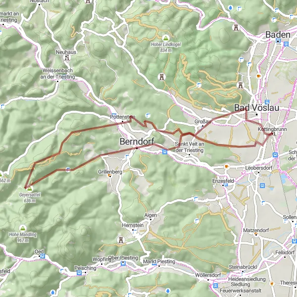Miniatua del mapa de inspiración ciclista "Ruta gravel Berndorf - Bad Vöslau" en Niederösterreich, Austria. Generado por Tarmacs.app planificador de rutas ciclistas