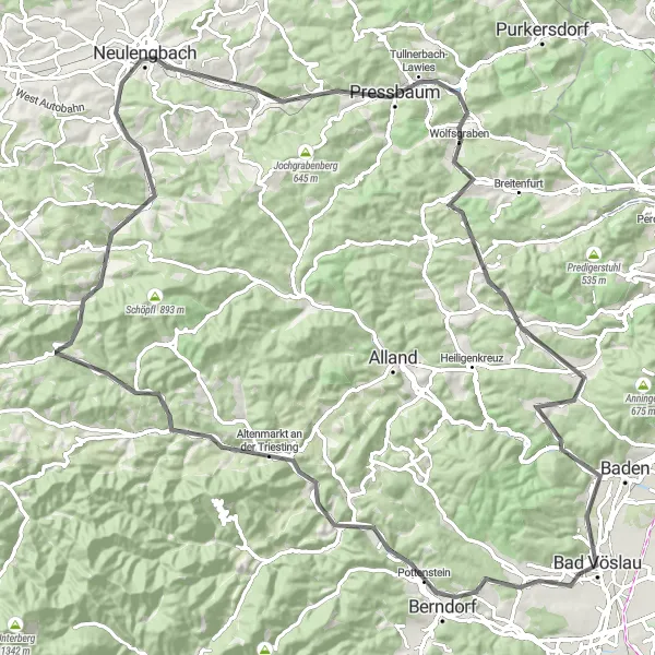 Miniature de la carte de l'inspiration cycliste "Les vignobles autour de Kottingbrunn" dans la Niederösterreich, Austria. Générée par le planificateur d'itinéraire cycliste Tarmacs.app