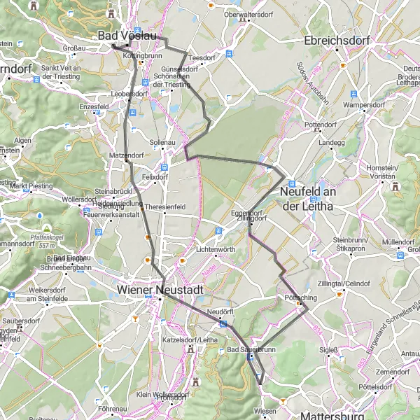 Kartminiatyr av "Kottingbrunn til Wiener Neustadt via Bad Vöslau og Leobersdorf" sykkelinspirasjon i Niederösterreich, Austria. Generert av Tarmacs.app sykkelrutoplanlegger