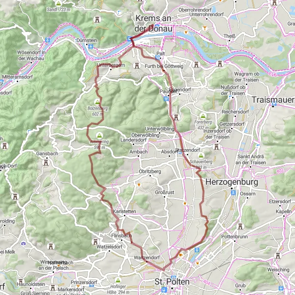 Zemljevid v pomanjšavi "65 km Umetnost kolesarjenja po makadamu" kolesarske inspiracije v Niederösterreich, Austria. Generirano z načrtovalcem kolesarskih poti Tarmacs.app