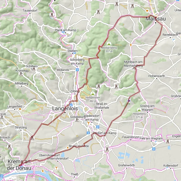 Miniatura della mappa di ispirazione al ciclismo "Esplorazioni nel Kamptal" nella regione di Niederösterreich, Austria. Generata da Tarmacs.app, pianificatore di rotte ciclistiche