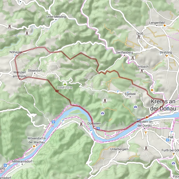 Miniatura della mappa di ispirazione al ciclismo "Sentiero delle Torri" nella regione di Niederösterreich, Austria. Generata da Tarmacs.app, pianificatore di rotte ciclistiche