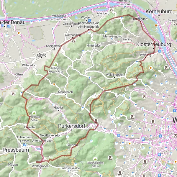 Miniaturní mapa "Gravel Trail Around Kritzendorf" inspirace pro cyklisty v oblasti Niederösterreich, Austria. Vytvořeno pomocí plánovače tras Tarmacs.app