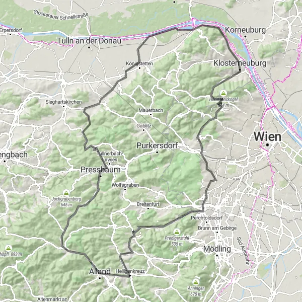 Miniatuurkaart van de fietsinspiratie "Uitdagende route naar Hermannskogel en Leopoldsberg" in Niederösterreich, Austria. Gemaakt door de Tarmacs.app fietsrouteplanner