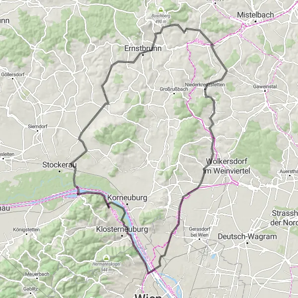 Miniature de la carte de l'inspiration cycliste "Le Tour des Collines de Vienne" dans la Niederösterreich, Austria. Générée par le planificateur d'itinéraire cycliste Tarmacs.app