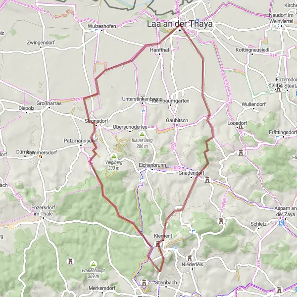 Miniatua del mapa de inspiración ciclista "Ruta de Grava Alrededor de Laa an der Thaya" en Niederösterreich, Austria. Generado por Tarmacs.app planificador de rutas ciclistas