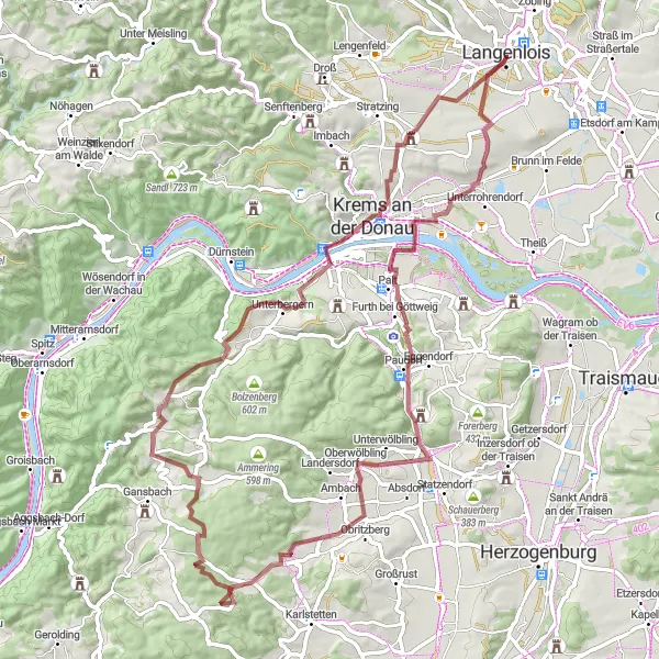 Miniaturní mapa "Gravel Route through Rohrendorf bei Krems" inspirace pro cyklisty v oblasti Niederösterreich, Austria. Vytvořeno pomocí plánovače tras Tarmacs.app