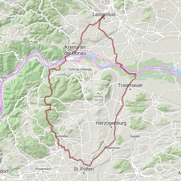 Miniaturekort af cykelinspirationen "Oplevelsesrig Gravel Tur rundt Langenlois" i Niederösterreich, Austria. Genereret af Tarmacs.app cykelruteplanlægger