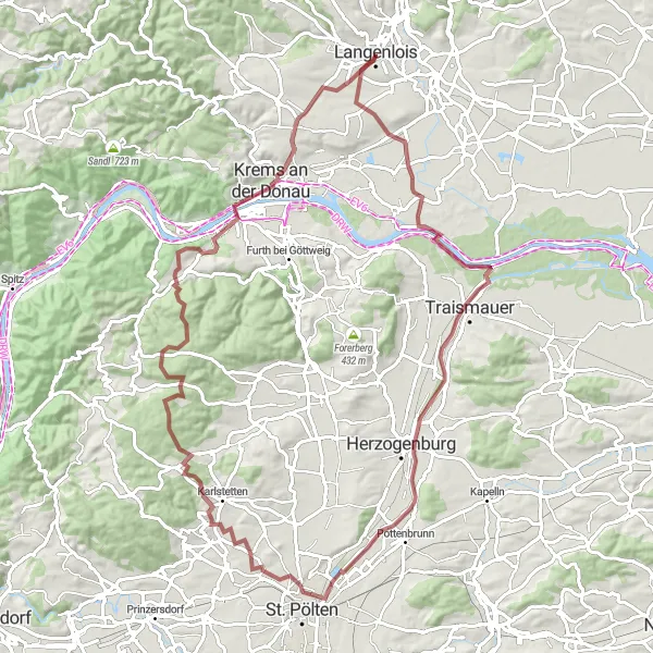 Zemljevid v pomanjšavi "Okrog Niederösterreich: zeleni užitki" kolesarske inspiracije v Niederösterreich, Austria. Generirano z načrtovalcem kolesarskih poti Tarmacs.app