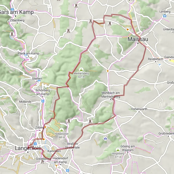 Miniatua del mapa de inspiración ciclista "Ruta de Grava Langenlois Weinwelt" en Niederösterreich, Austria. Generado por Tarmacs.app planificador de rutas ciclistas
