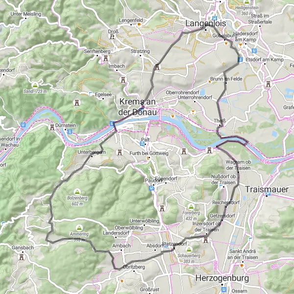 Miniatua del mapa de inspiración ciclista "Aventura en carretera por pueblos históricos" en Niederösterreich, Austria. Generado por Tarmacs.app planificador de rutas ciclistas