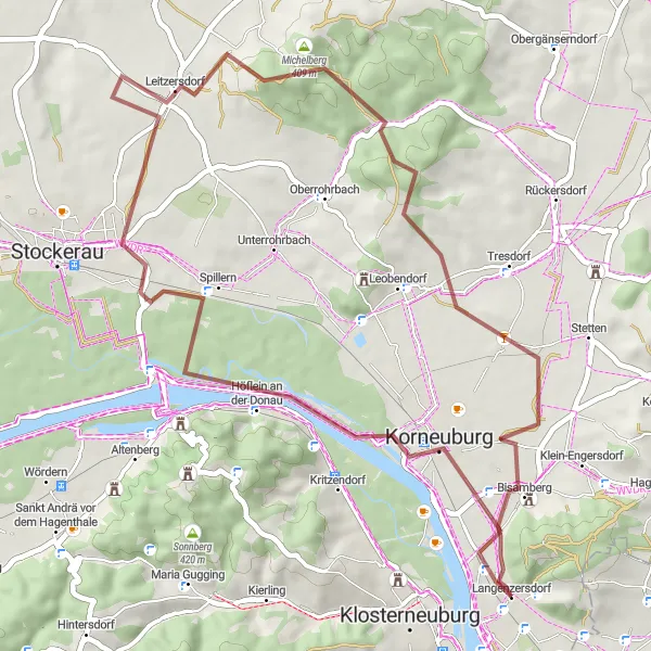 Miniatura della mappa di ispirazione al ciclismo "Gravel Tour da Langenzersdorf a Bisamberg" nella regione di Niederösterreich, Austria. Generata da Tarmacs.app, pianificatore di rotte ciclistiche