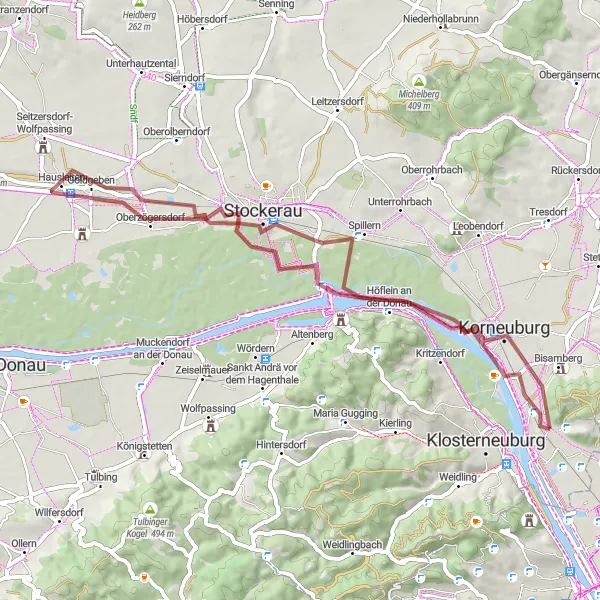 Miniatuurkaart van de fietsinspiratie "Off-road Cycling Adventure to Hausleiten and Burg Greifenstein" in Niederösterreich, Austria. Gemaakt door de Tarmacs.app fietsrouteplanner