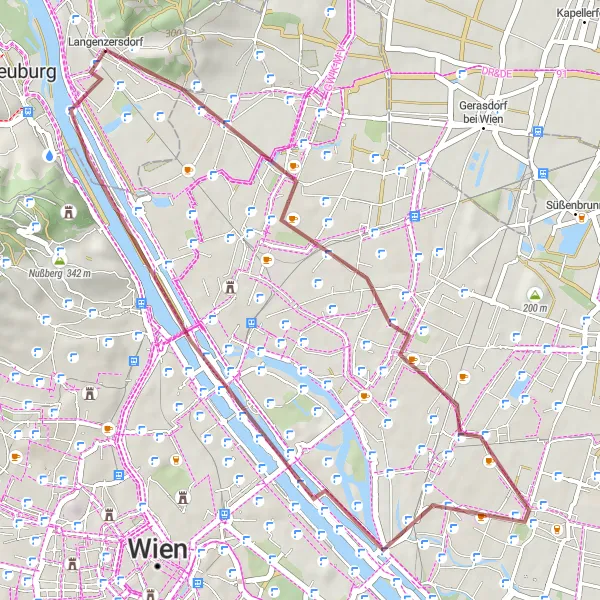 Miniatua del mapa de inspiración ciclista "Ruta de Ciclismo de Grava Lanerberg-Großjedlersdorf-Donauinsel-Langenzersdorf" en Niederösterreich, Austria. Generado por Tarmacs.app planificador de rutas ciclistas