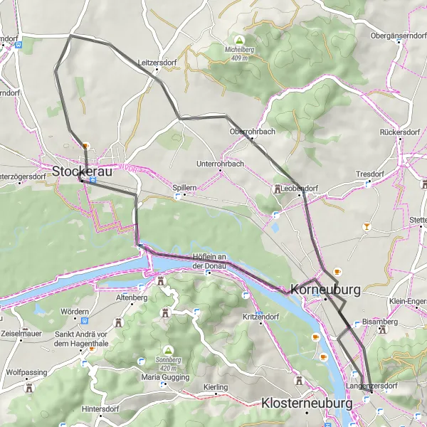 Miniatura della mappa di ispirazione al ciclismo "Tour ciclistico da Langenzersdorf a Stockerau" nella regione di Niederösterreich, Austria. Generata da Tarmacs.app, pianificatore di rotte ciclistiche