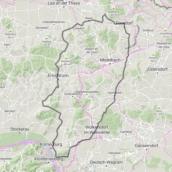Miniatua del mapa de inspiración ciclista "Gran recorrido en bicicleta por Ernstbrunn y alrededores" en Niederösterreich, Austria. Generado por Tarmacs.app planificador de rutas ciclistas