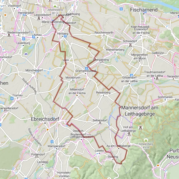 Miniatua del mapa de inspiración ciclista "Ruta de Grava Pellendorf - Maria-Lanzendorf" en Niederösterreich, Austria. Generado por Tarmacs.app planificador de rutas ciclistas