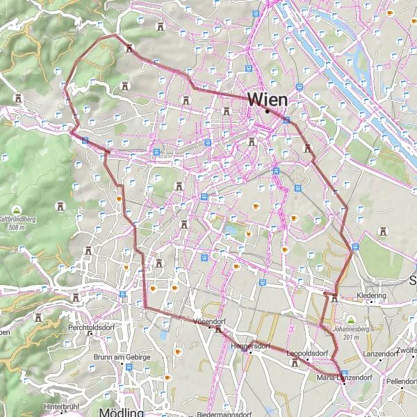 Miniatura della mappa di ispirazione al ciclismo "Avventura in bicicletta tra Vienna e Leopoldsdorf" nella regione di Niederösterreich, Austria. Generata da Tarmacs.app, pianificatore di rotte ciclistiche